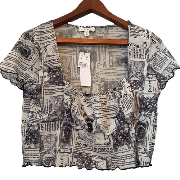 Topshop Tops - TOPSHOP Black and Cream Newsprint Crop Top